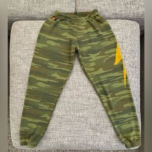 NWOT Aviator Nation 🌈 Camo Yellow Bolt Sweatpants Unisex Size Small
